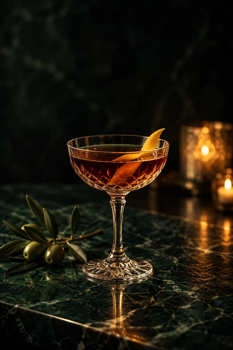 An illustrative amber drink in a cut-crystal coupe by candlelight